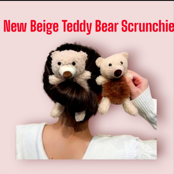 Teddy Bear w Fur belly Hair Scrunchie - Khaki - Picture 1 of 8